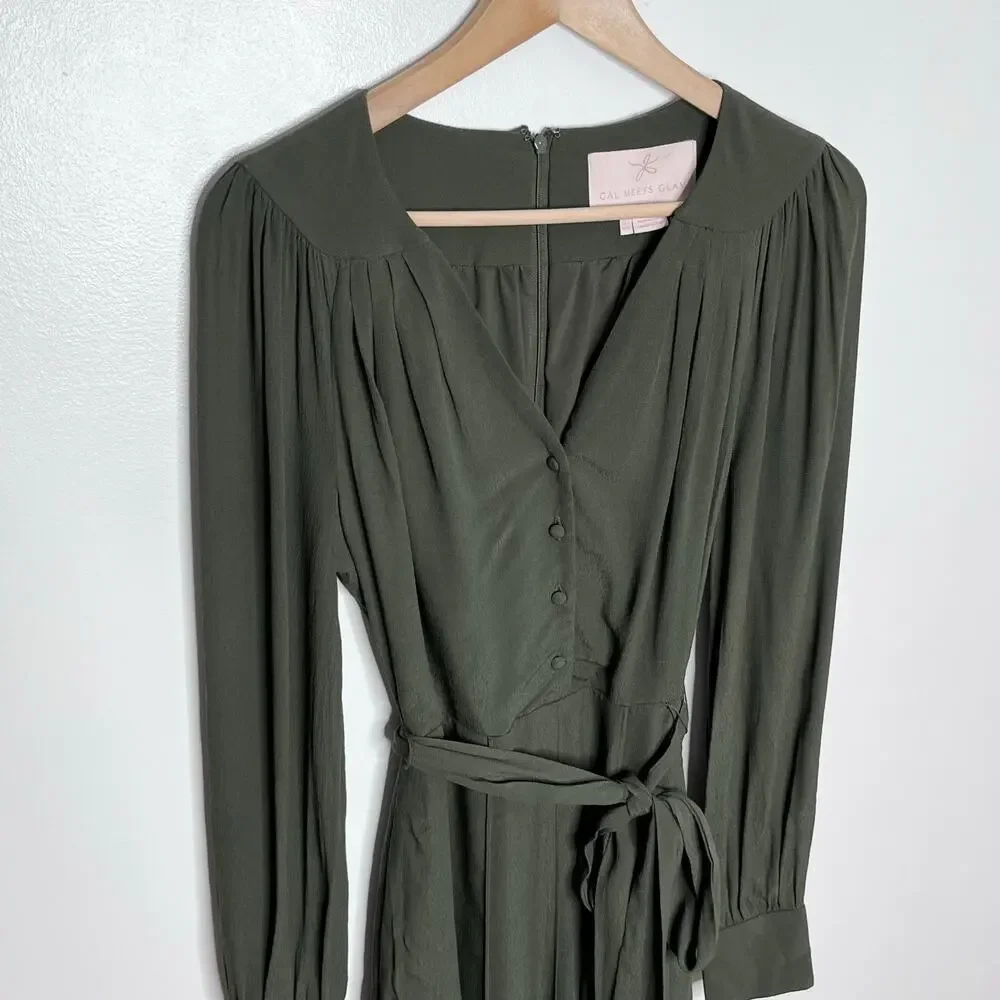 Gal Meets Glam Olive Green Faux Wrap Tie Waist Mini Dress Long Sleeve US 2 - Picture 4 of 10